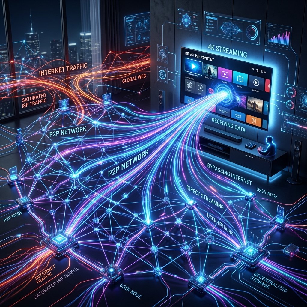 Ilustração de rede de servidores P2P descentralizada garantindo sinal de IPTV